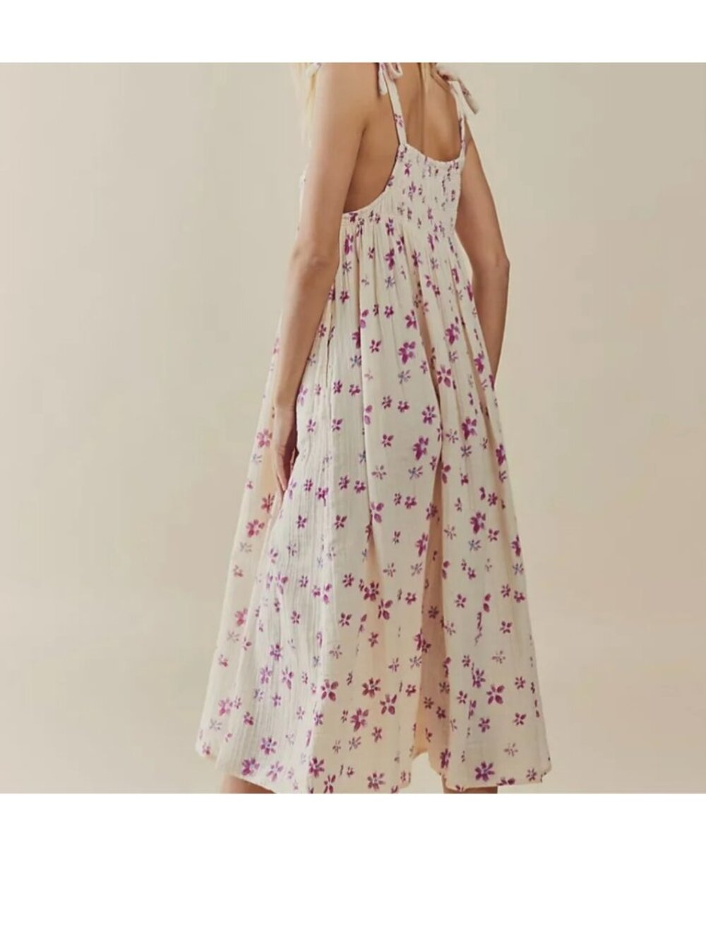 Free People Azure Midi Dress Floral Smocked Cotton Tie Strap Boho Sundress M - Picture 4 of 14